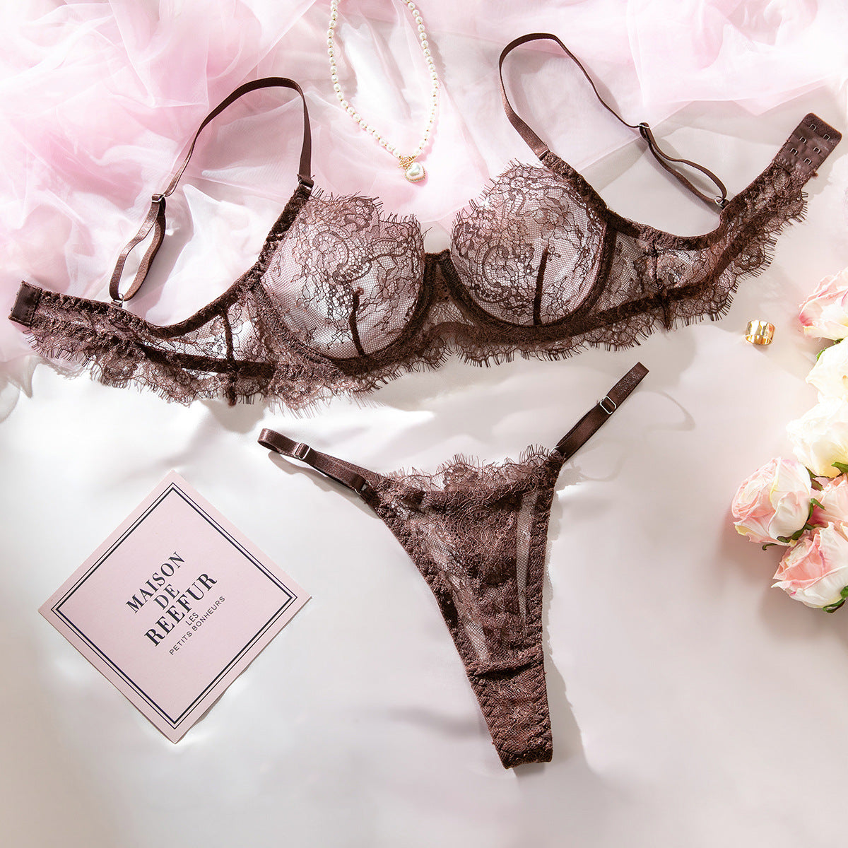 Brown - Lace Bra Set Push-Up Lingerie