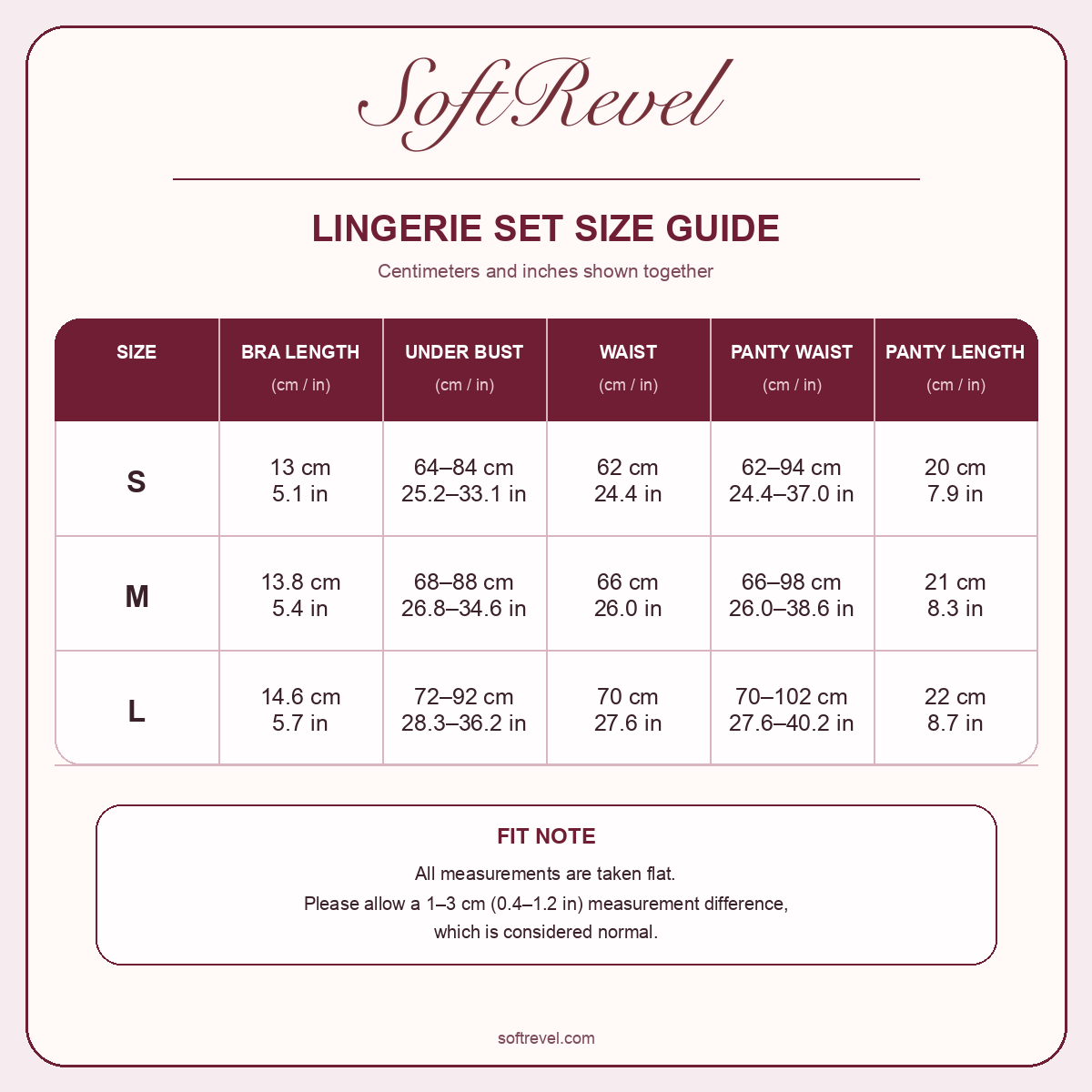 SoftRevel Size Guide — cm and in