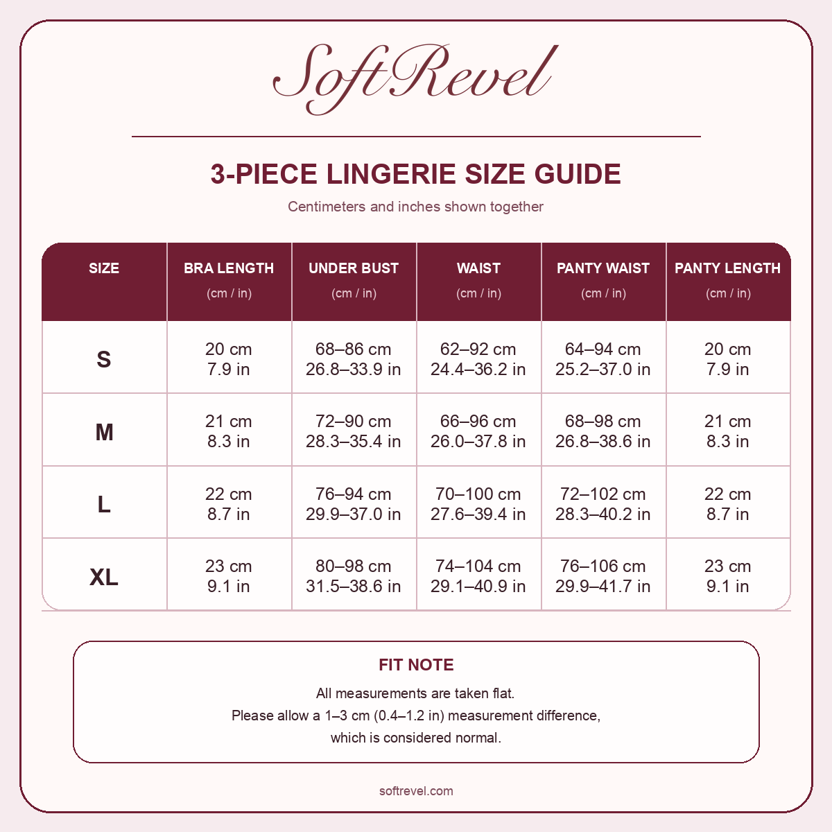 SoftRevel Size Guide — cm and in