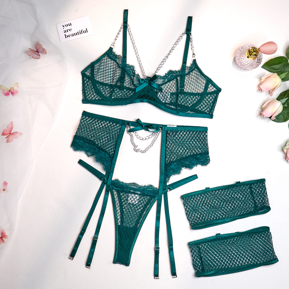 Forest Green - Lace Eyelash 4-Piece Set Lingerie