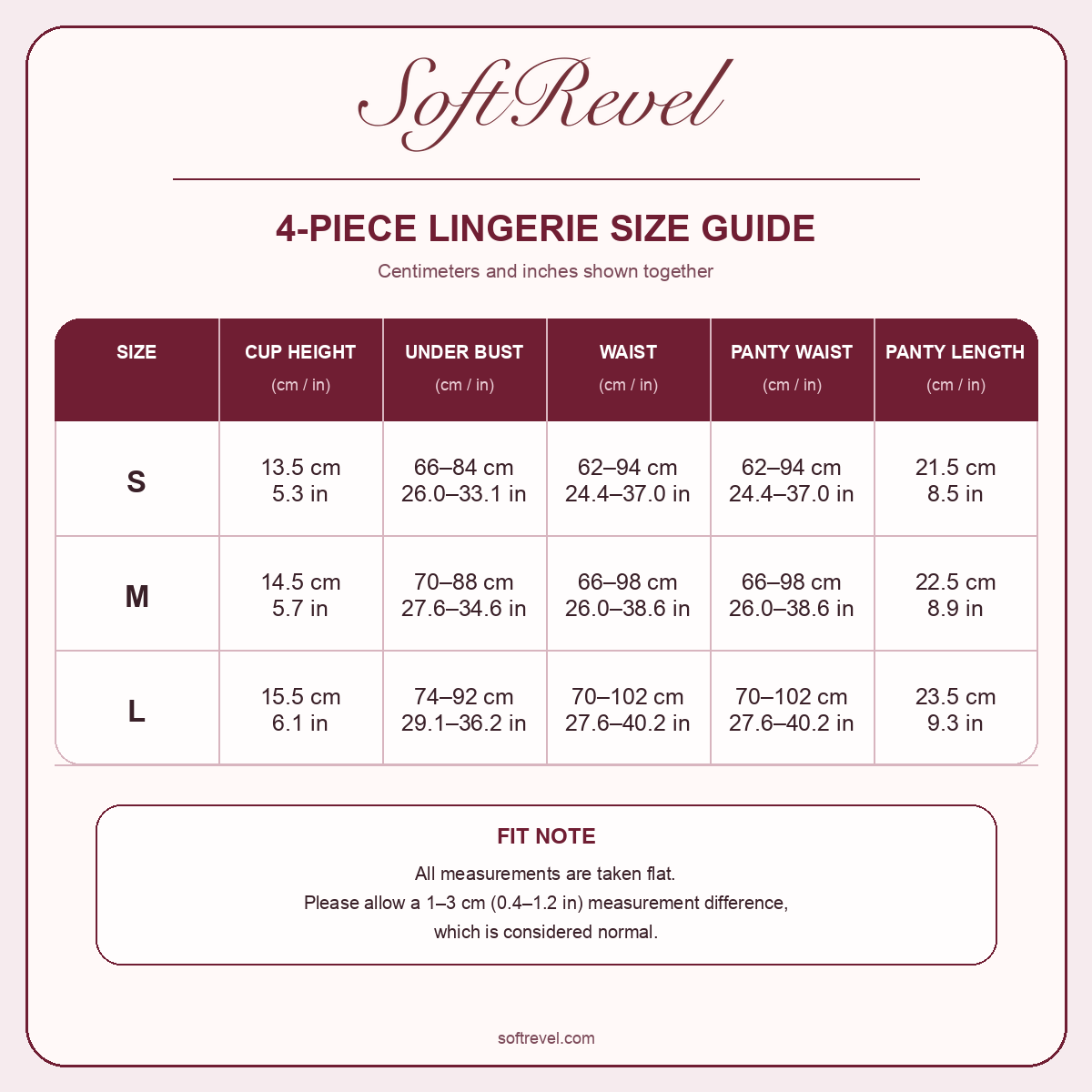 SoftRevel Size Guide — cm and in