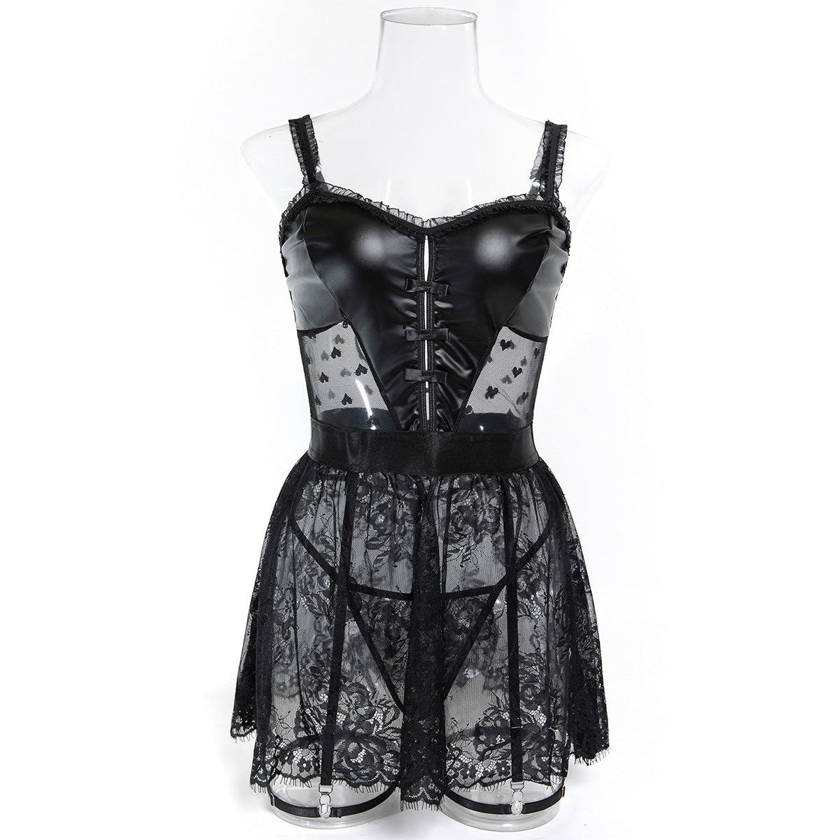 Black - Lace Faux Leather 3-Piece Set Lingerie