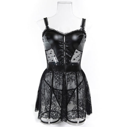 Black - Lace Faux Leather 3-Piece Set Lingerie