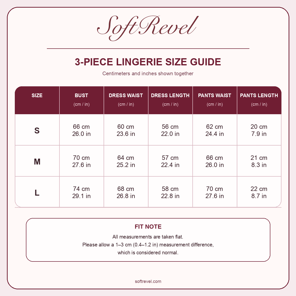 SoftRevel Size Guide — cm and in