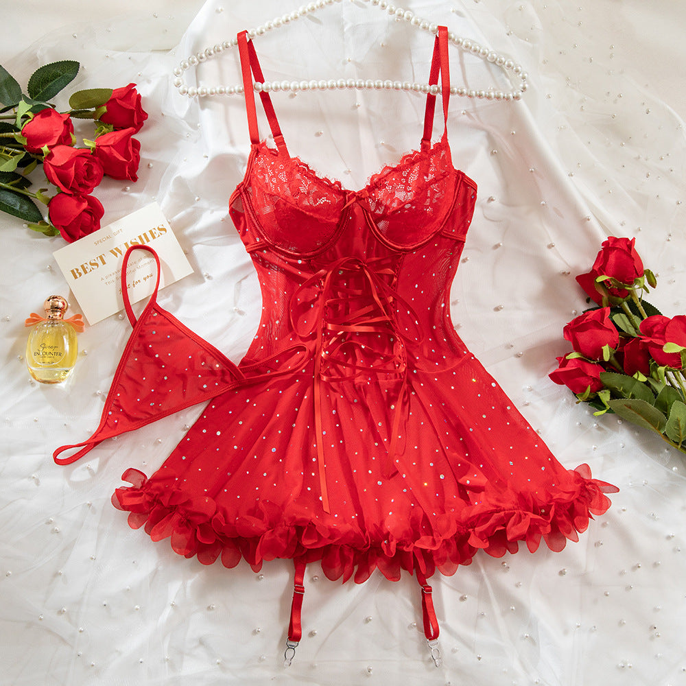 SoftRevel Lace Lingerie Set Nightdress Babydoll Dress - flat lay