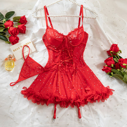 SoftRevel Lace Lingerie Set Nightdress Babydoll Dress - flat lay
