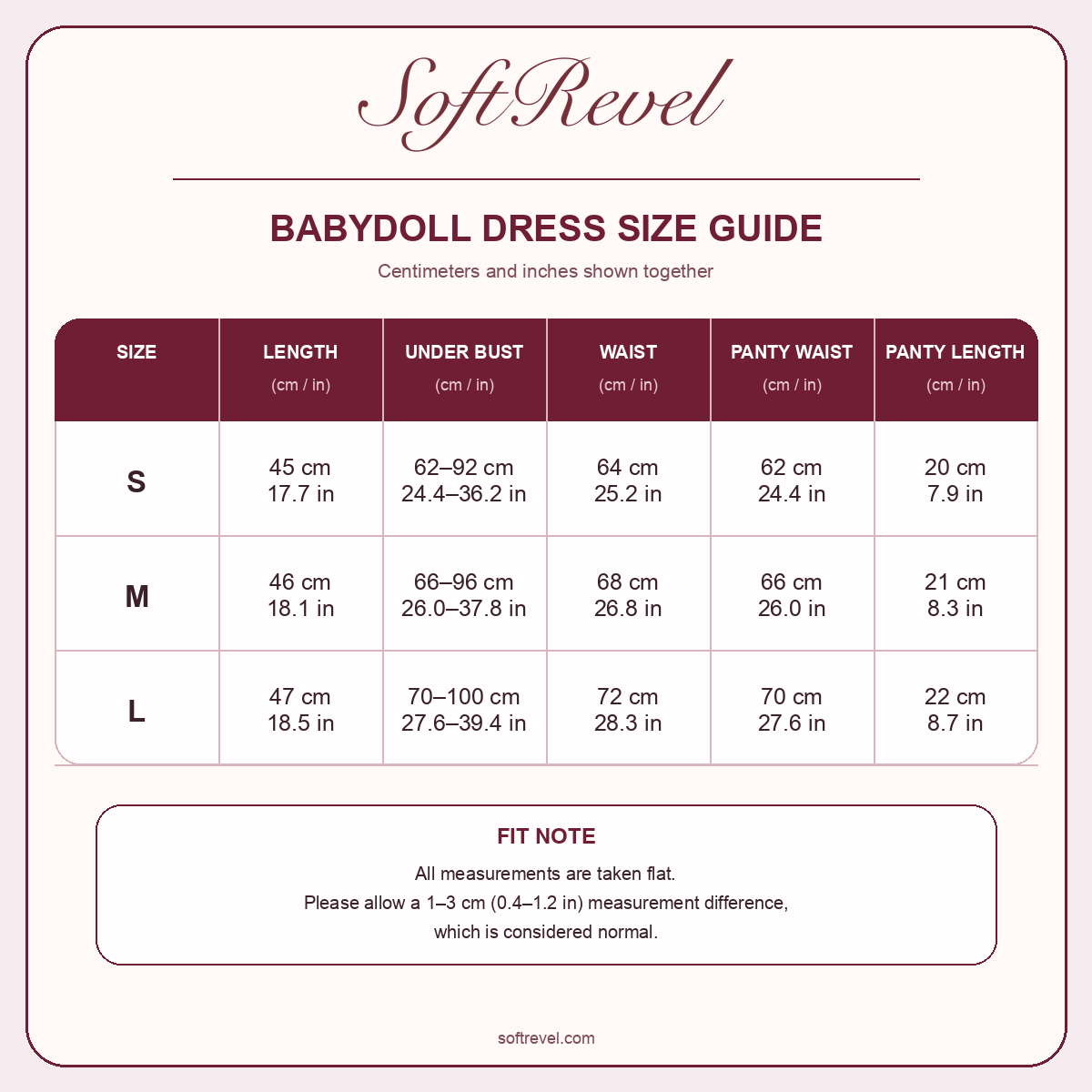 SoftRevel Size Guide — cm and in