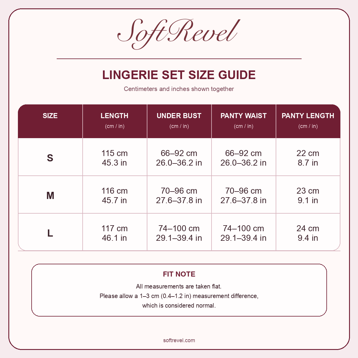 SoftRevel Size Guide — cm and in