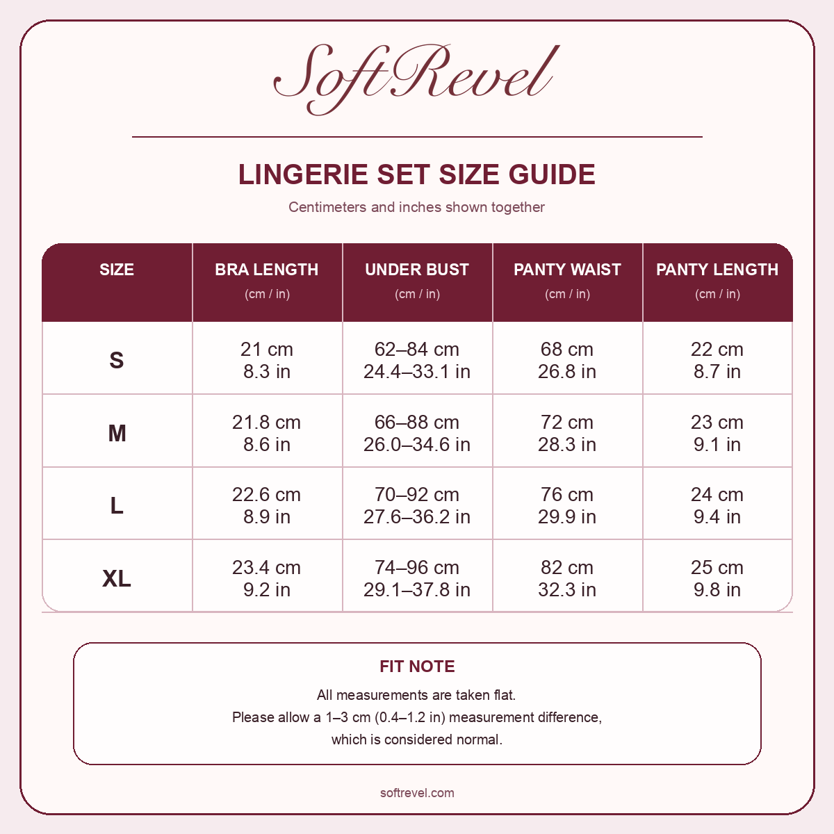 SoftRevel Size Guide — cm and in