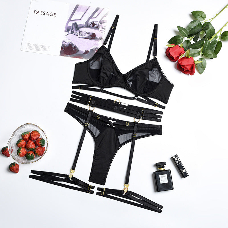 Black - Lace Mesh 4-Piece Set Lingerie