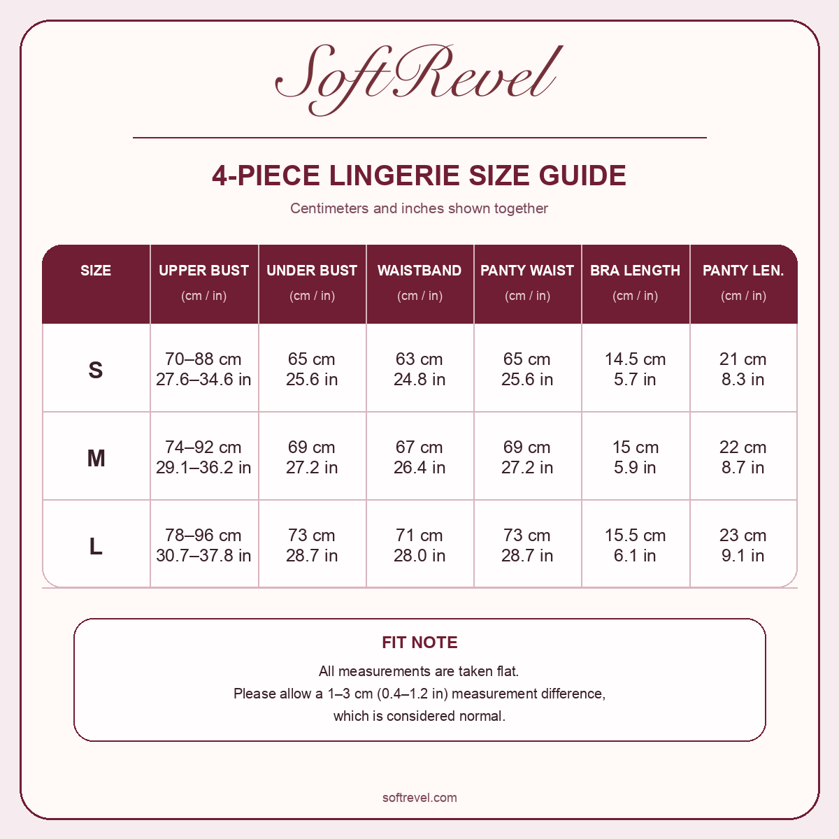 SoftRevel Size Guide — cm and in