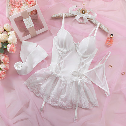 Lace Mesh Babydoll Dress Lingerie Set - detail view 6
