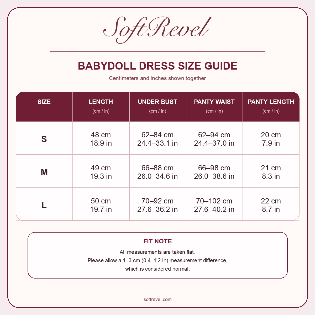 SoftRevel Size Guide — cm and in