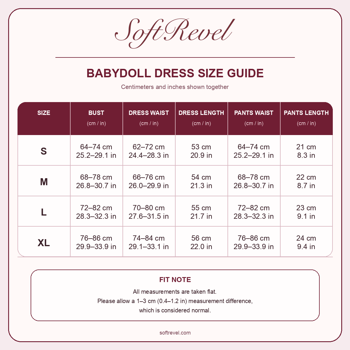 SoftRevel Size Guide — cm and in