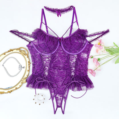 Purple - Lace Mesh Bodysuit Plus Size Lingerie
