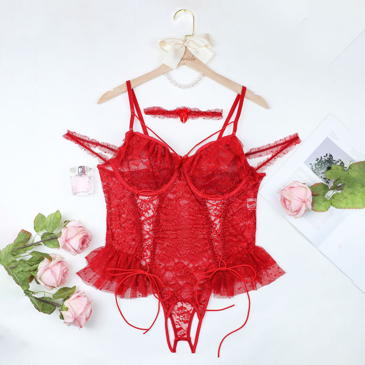 Red - Lace Mesh Bodysuit Plus Size Lingerie