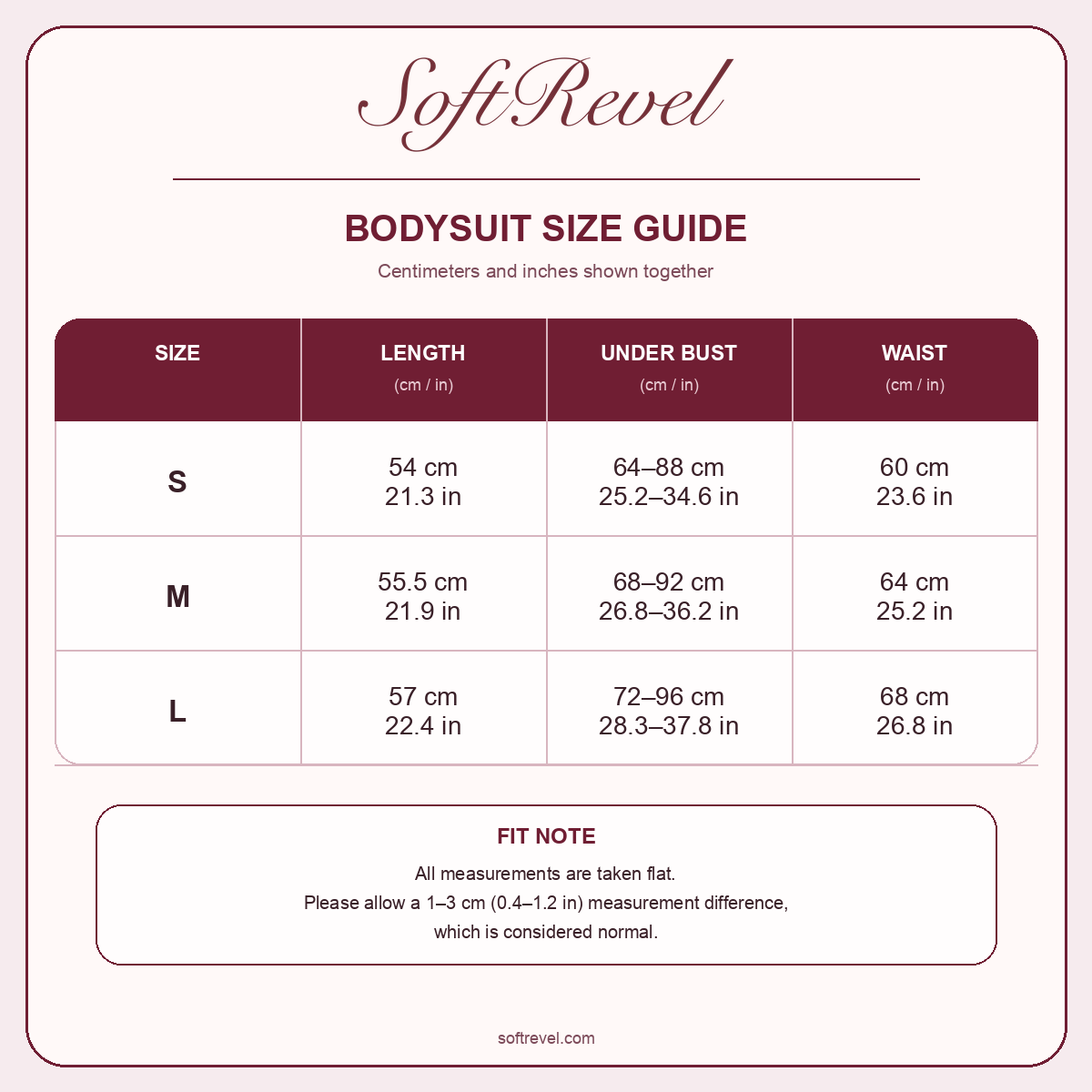 SoftRevel Size Guide — cm and in