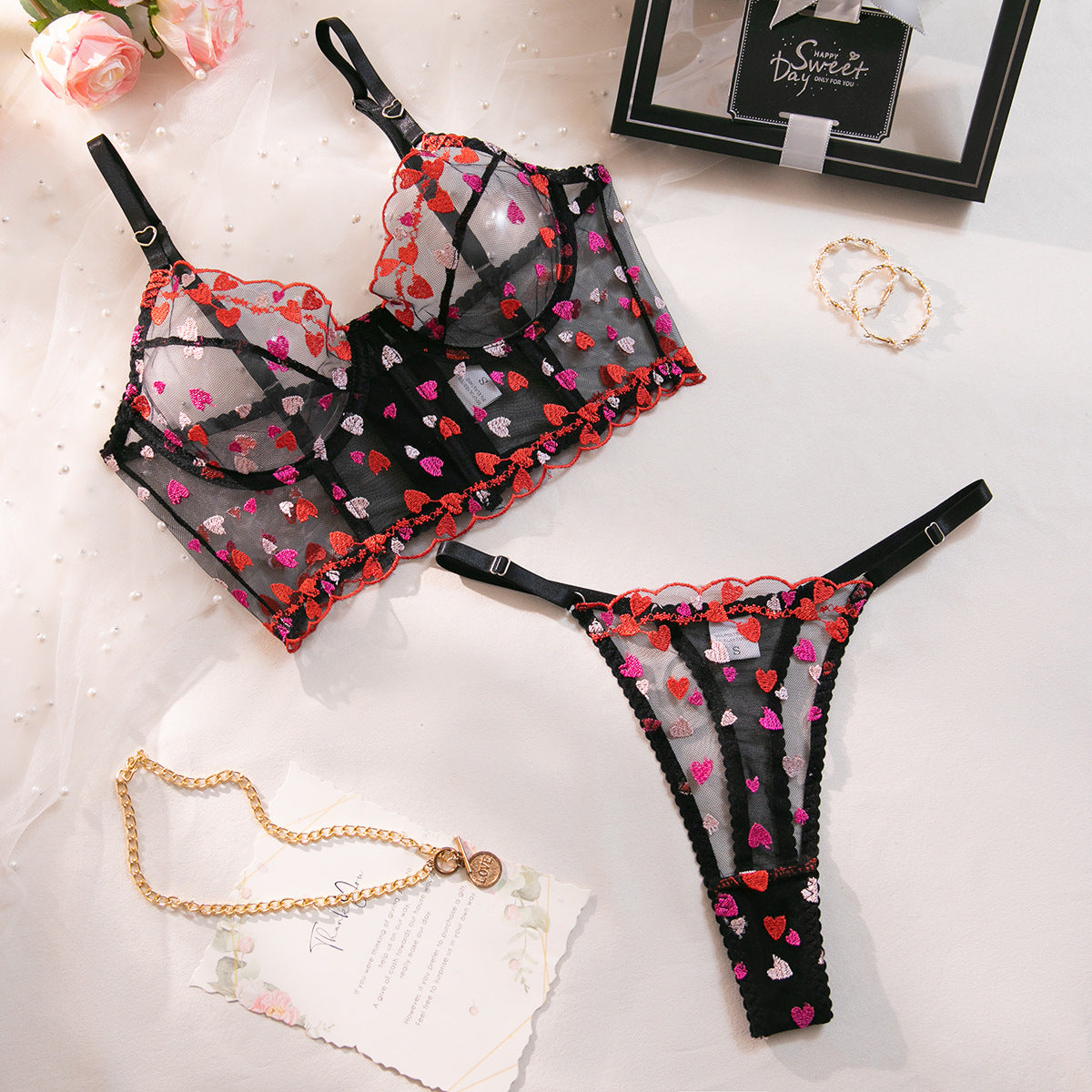 SoftRevel Lace Mesh Bra Set Lingerie - flat lay