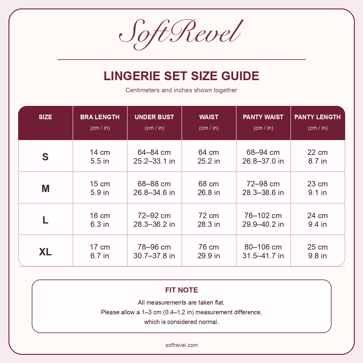 SoftRevel Size Guide — cm and in