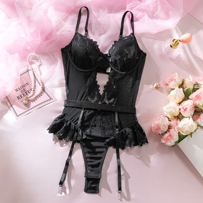 Black - Lace Mesh Stockings Bodysuit