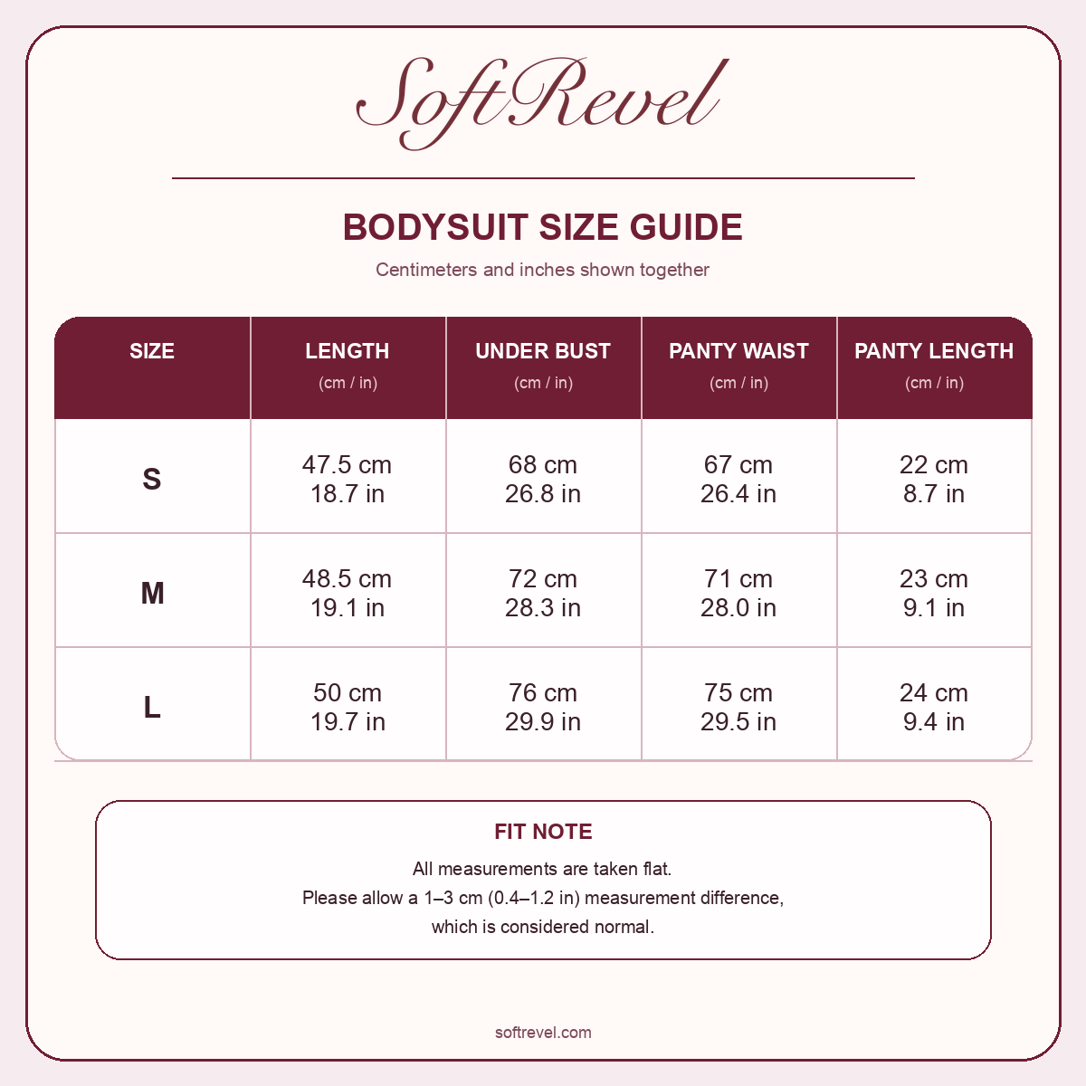 SoftRevel Size Guide — cm and in