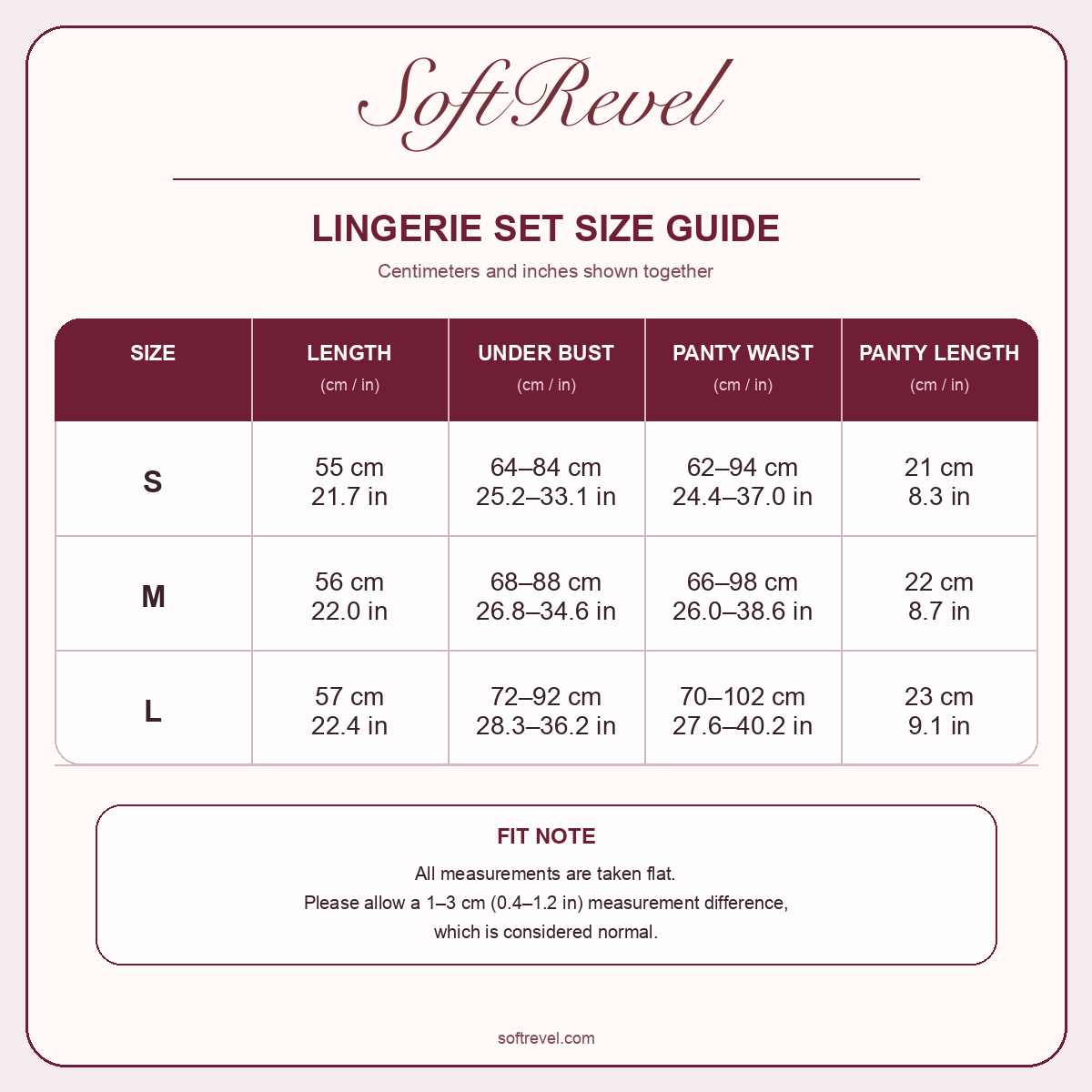 SoftRevel Size Guide — cm and in