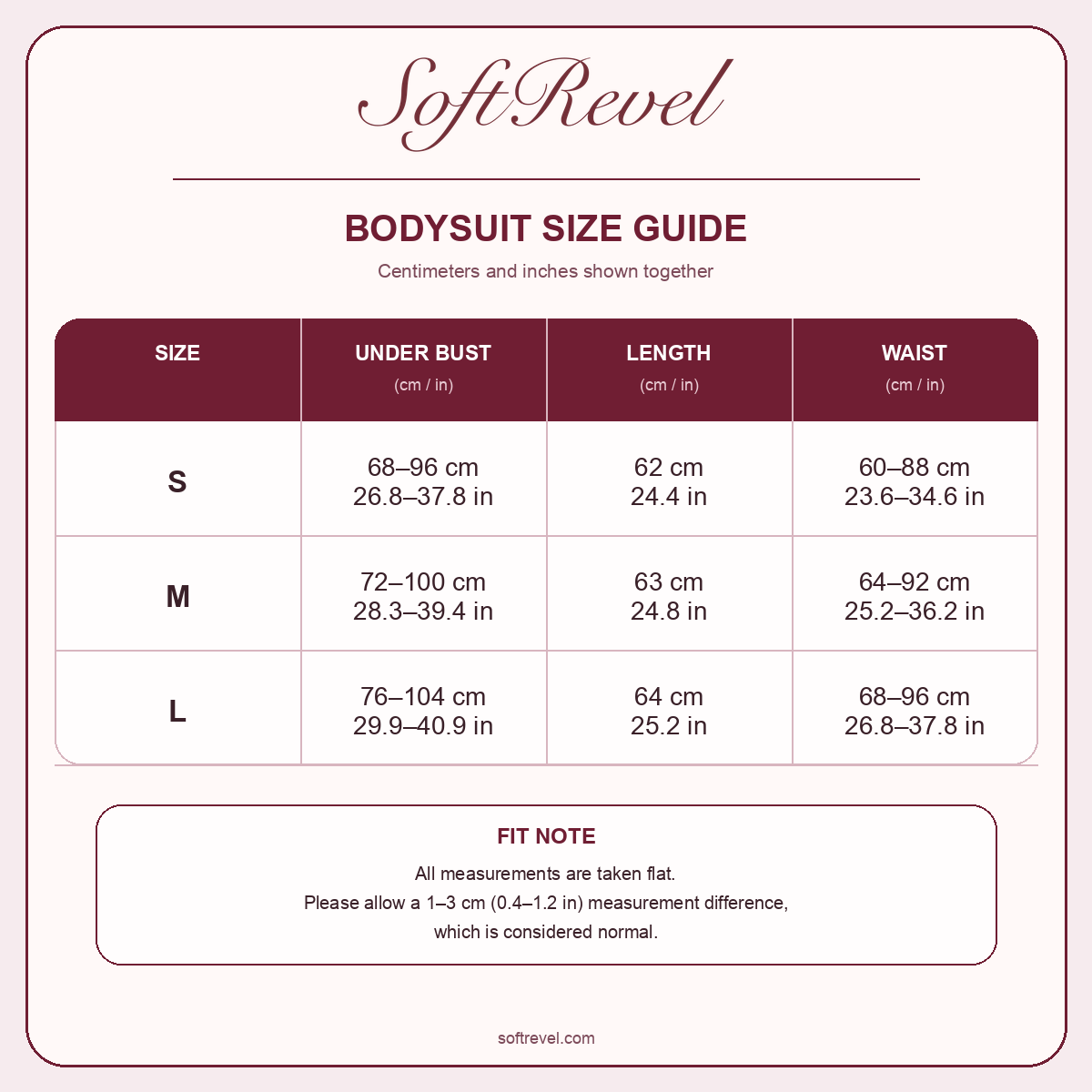 SoftRevel Size Guide — cm and in