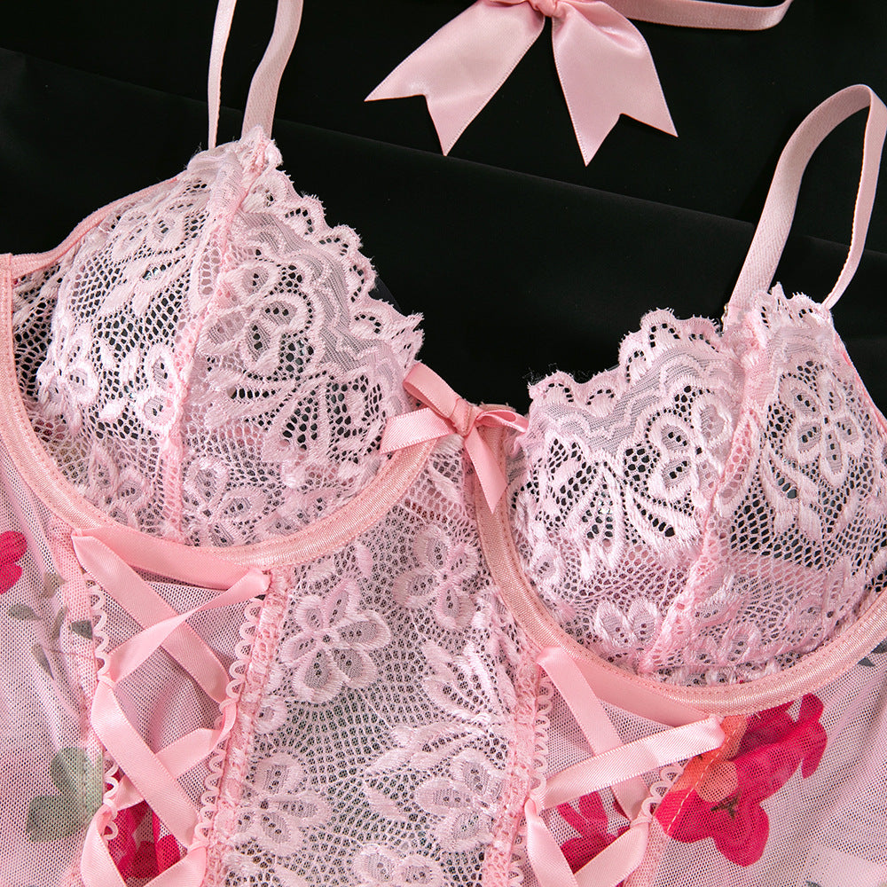 Lace Shapewear Bodysuit Lace-Up Lingerie Set - detail view 15