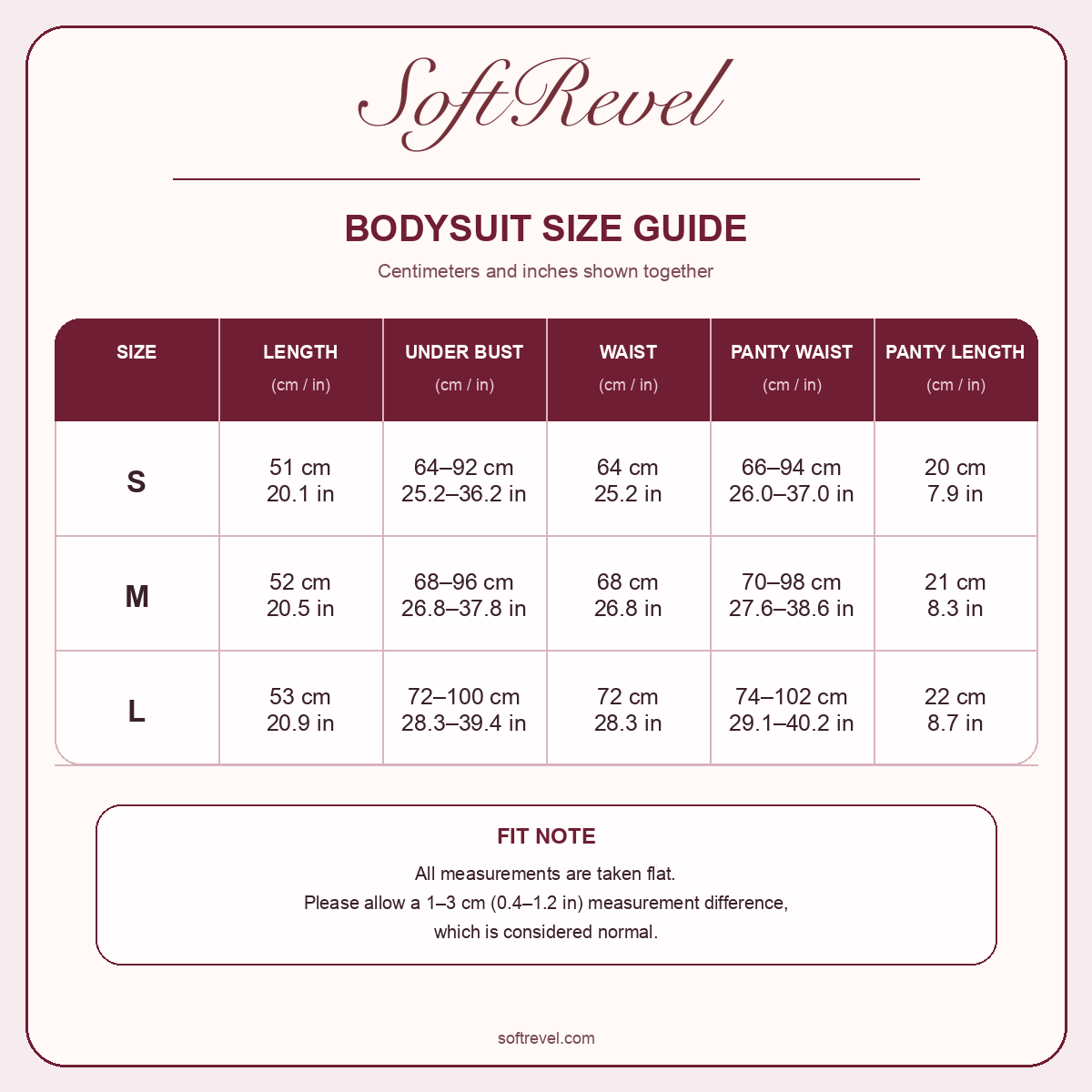 SoftRevel Size Guide — cm and in