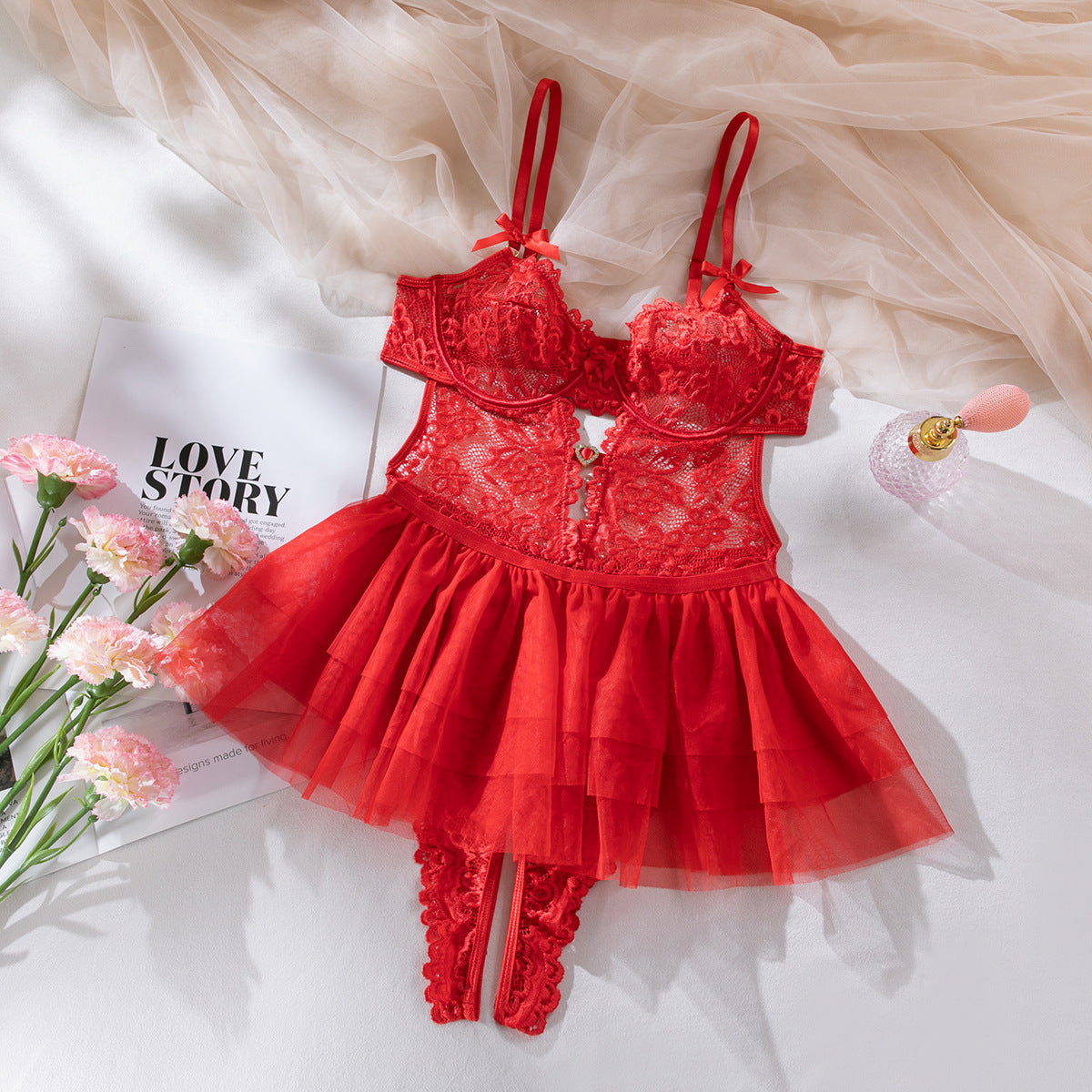 SoftRevel Lace Sheer Bodysuit Lingerie Set - flat lay