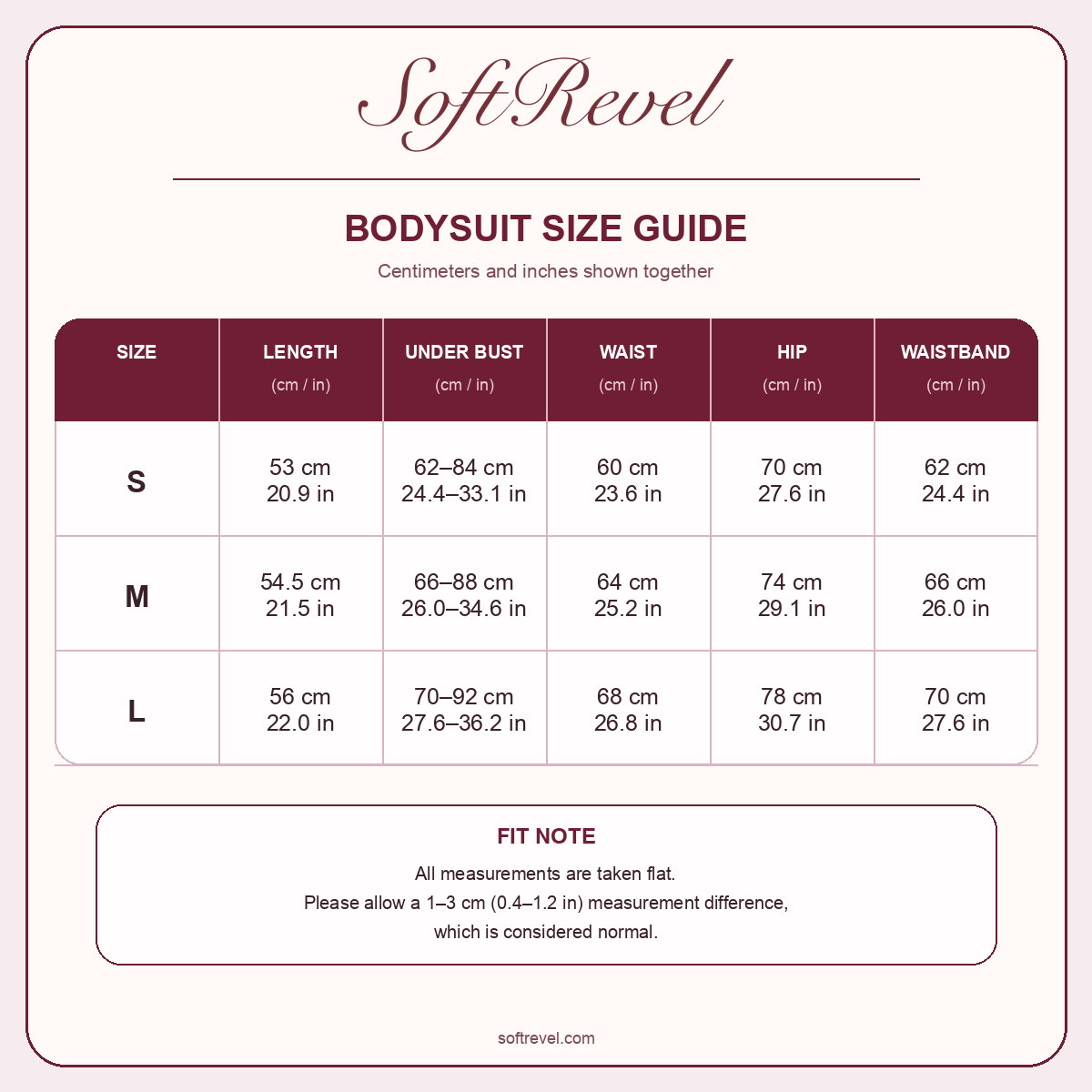 SoftRevel Size Guide — cm and in