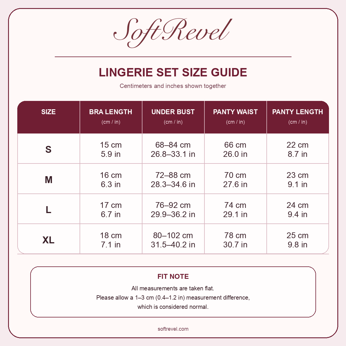SoftRevel Size Guide — cm and in