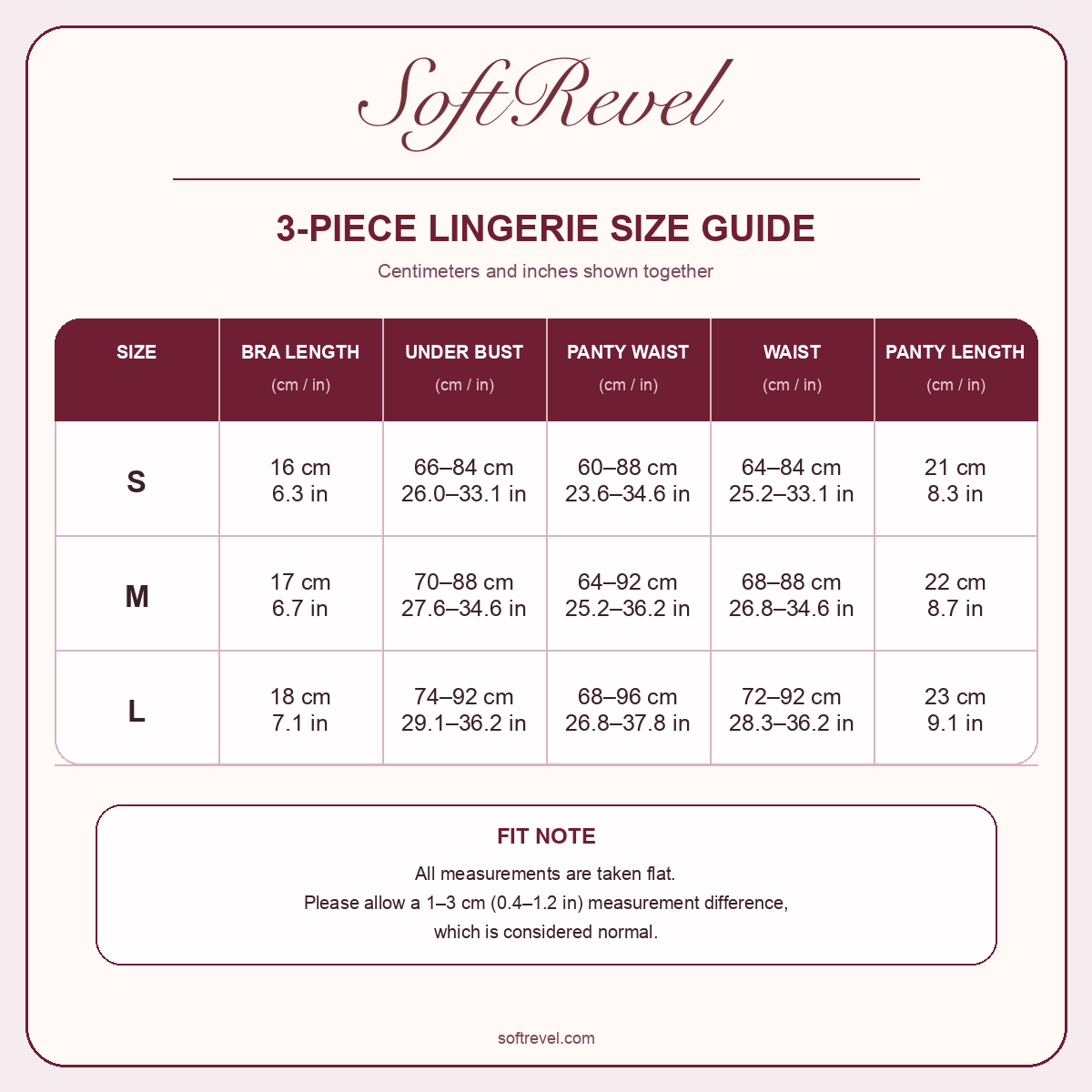SoftRevel Size Guide — cm and in
