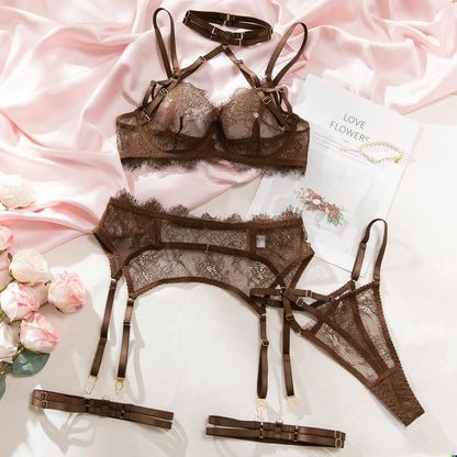 SoftRevel Lace Sheer Mesh 4-Piece Set Lingerie - flat lay