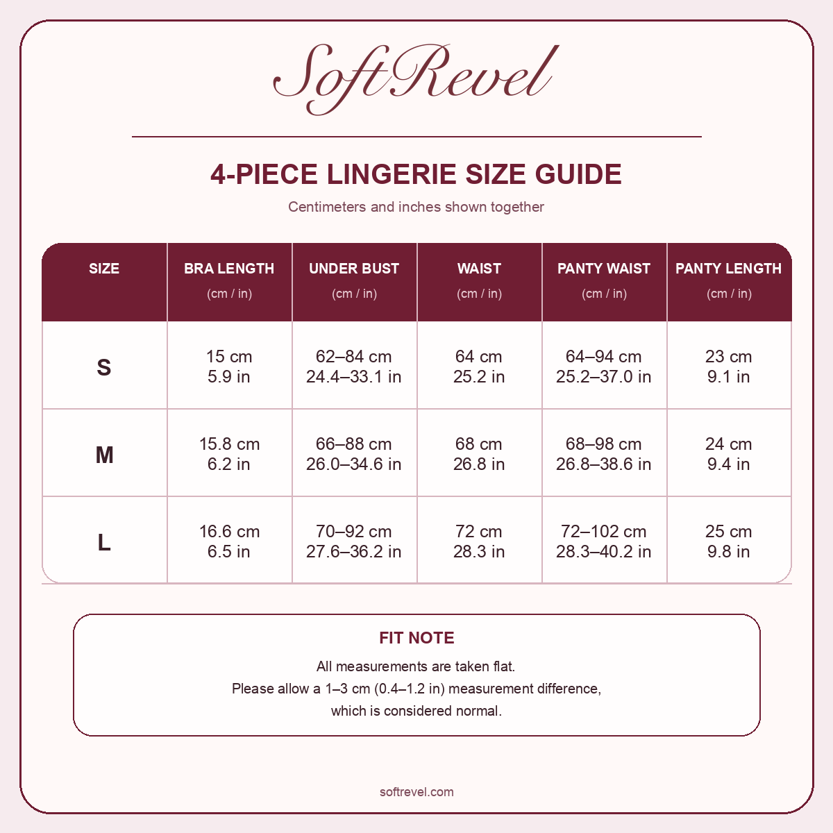 SoftRevel Size Guide — cm and in