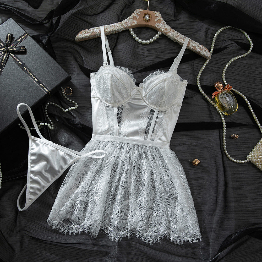 SoftRevel Lace Sheer Mesh Babydoll Dress - flat lay