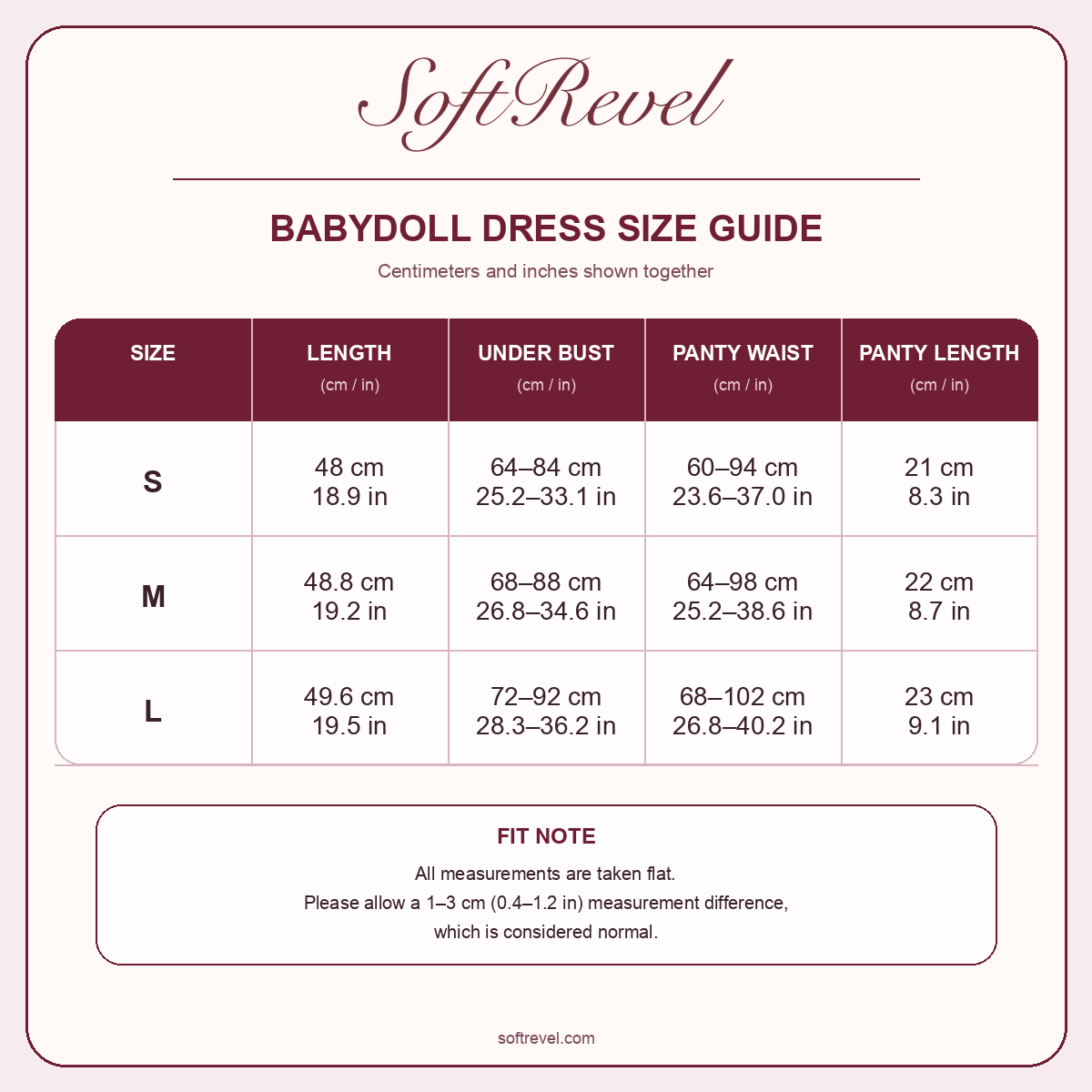 SoftRevel Size Guide — cm and in