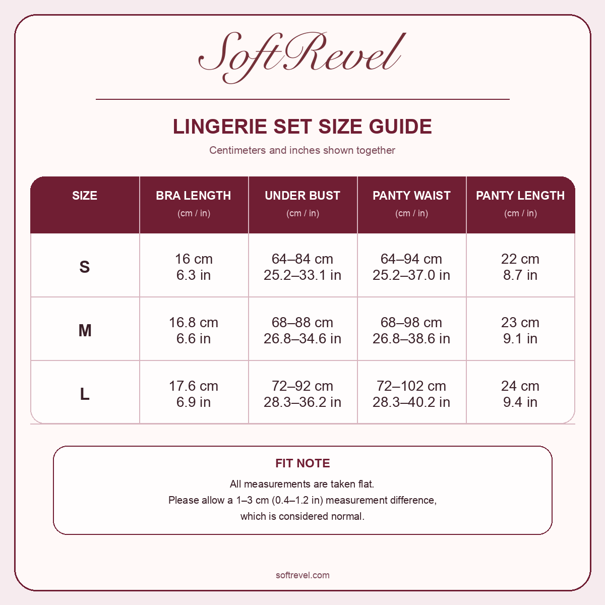 SoftRevel Size Guide — cm and in