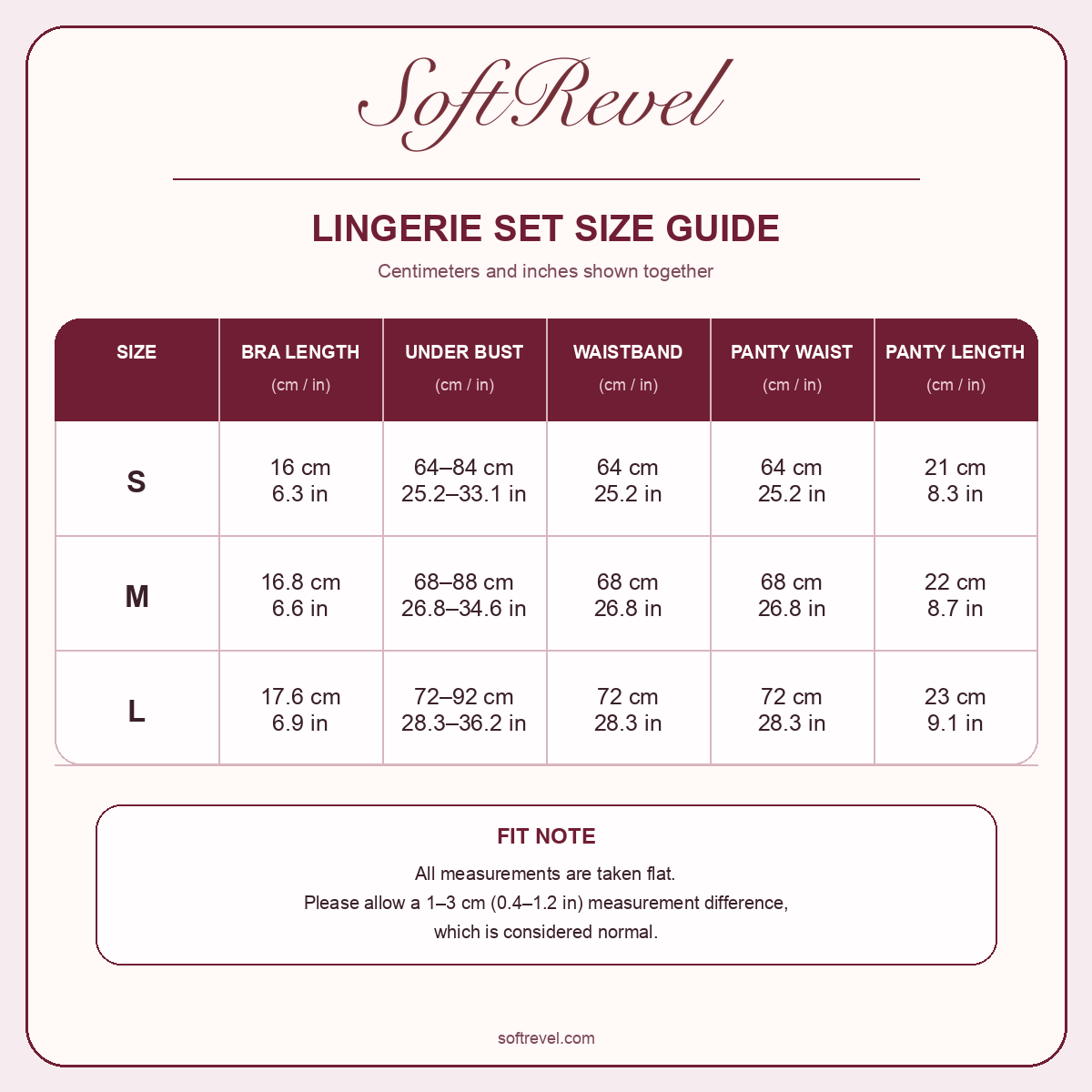 SoftRevel Size Guide — cm and in