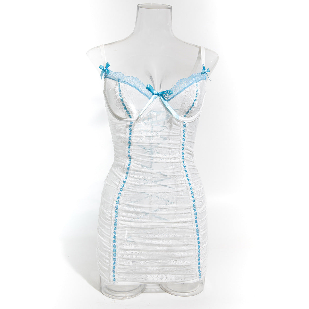 Blue - Lace Sheer Mesh Lace-Up Babydoll Dress