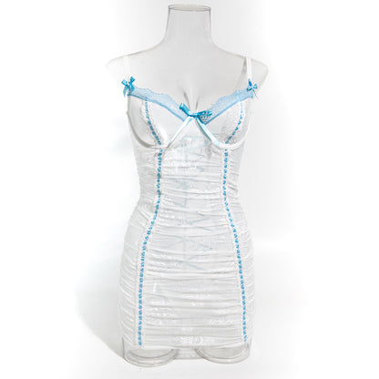 Blue - Lace Sheer Mesh Lace-Up Babydoll Dress