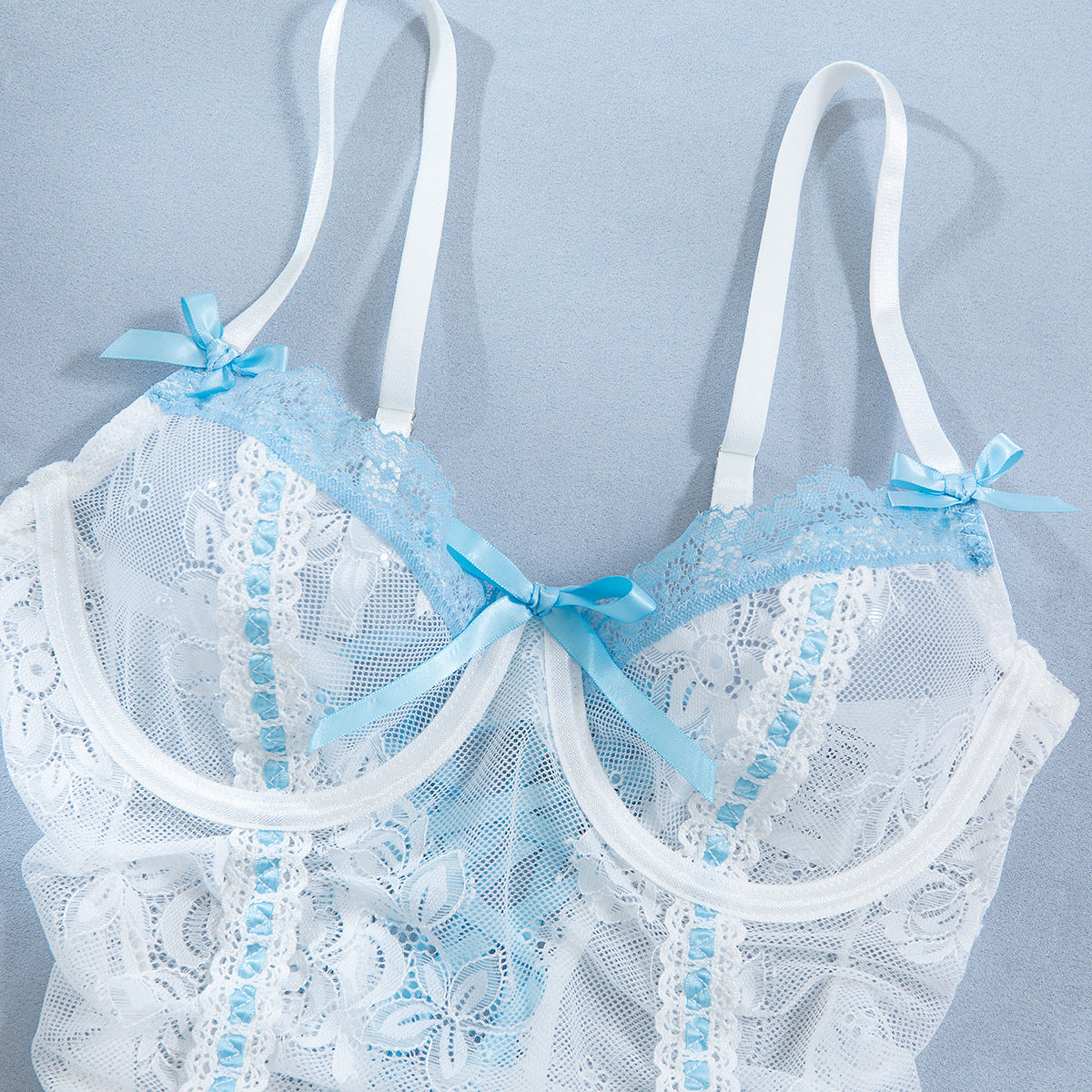 Lace Sheer Mesh Lace-Up Babydoll Dress - detail view 12