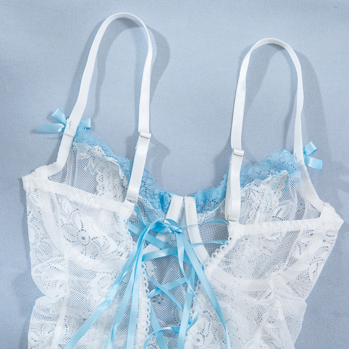 Lace Sheer Mesh Lace-Up Babydoll Dress - detail view 13