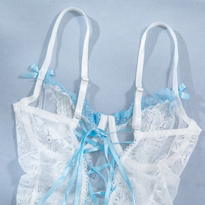 Lace Sheer Mesh Lace-Up Babydoll Dress - detail view 13