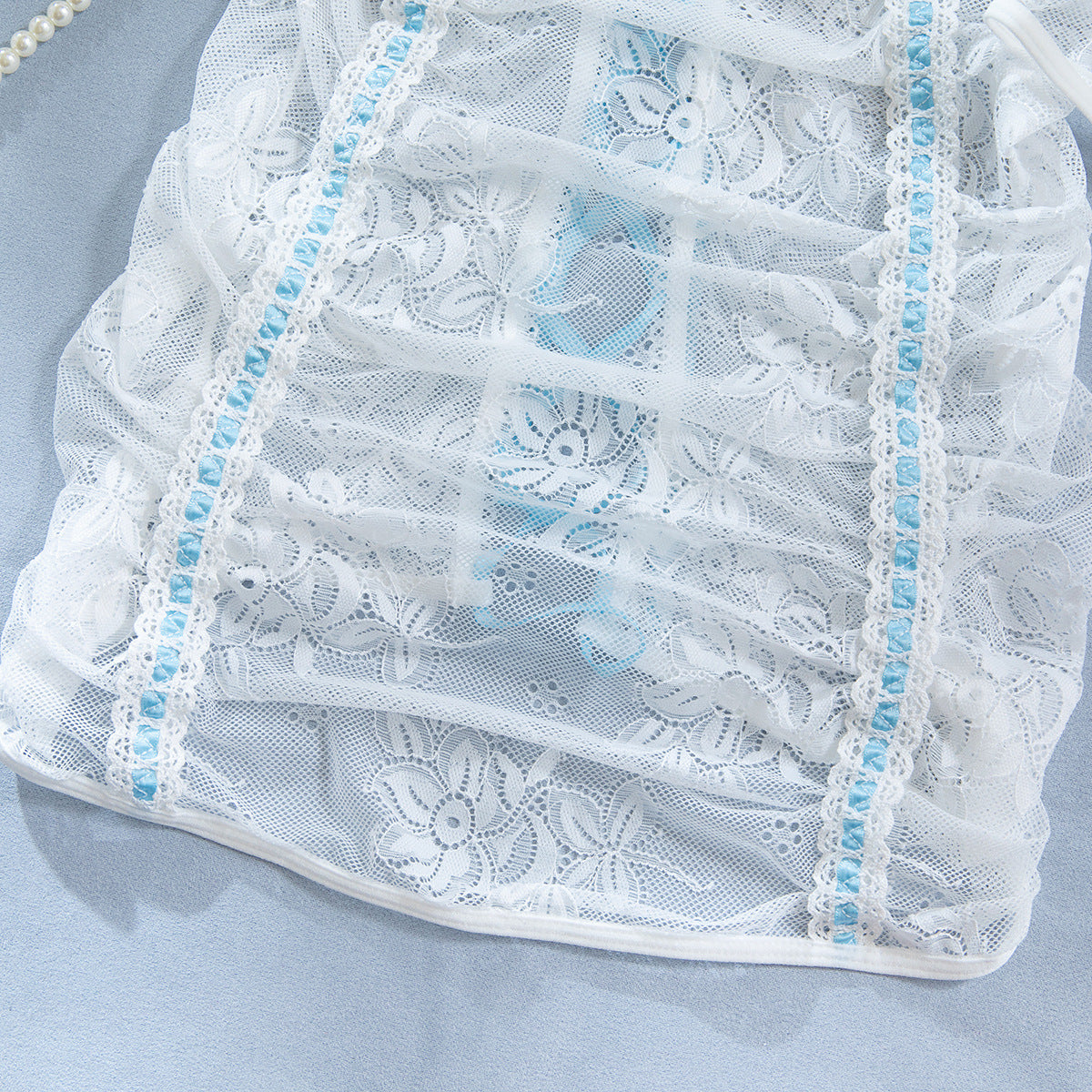 Lace Sheer Mesh Lace-Up Babydoll Dress - detail view 14