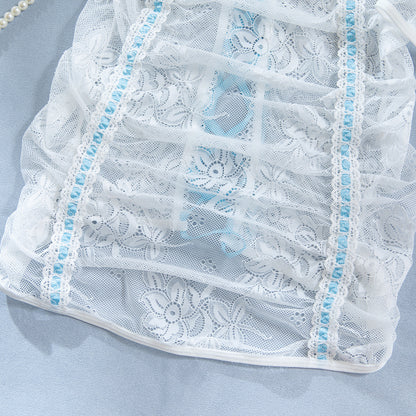 Lace Sheer Mesh Lace-Up Babydoll Dress - detail view 14