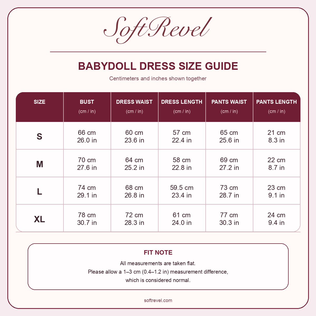 SoftRevel Size Guide — cm and in