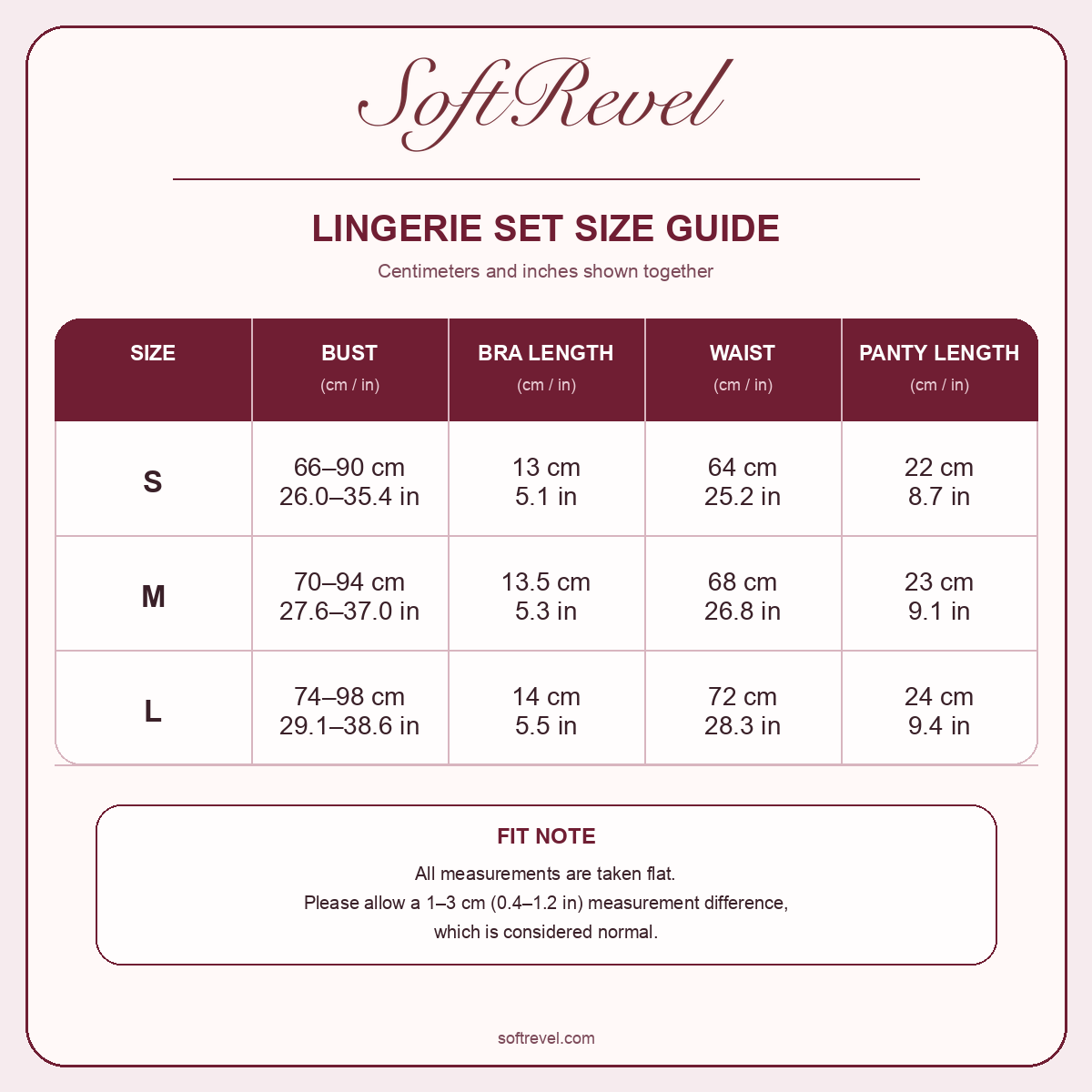 SoftRevel Size Guide — cm and in