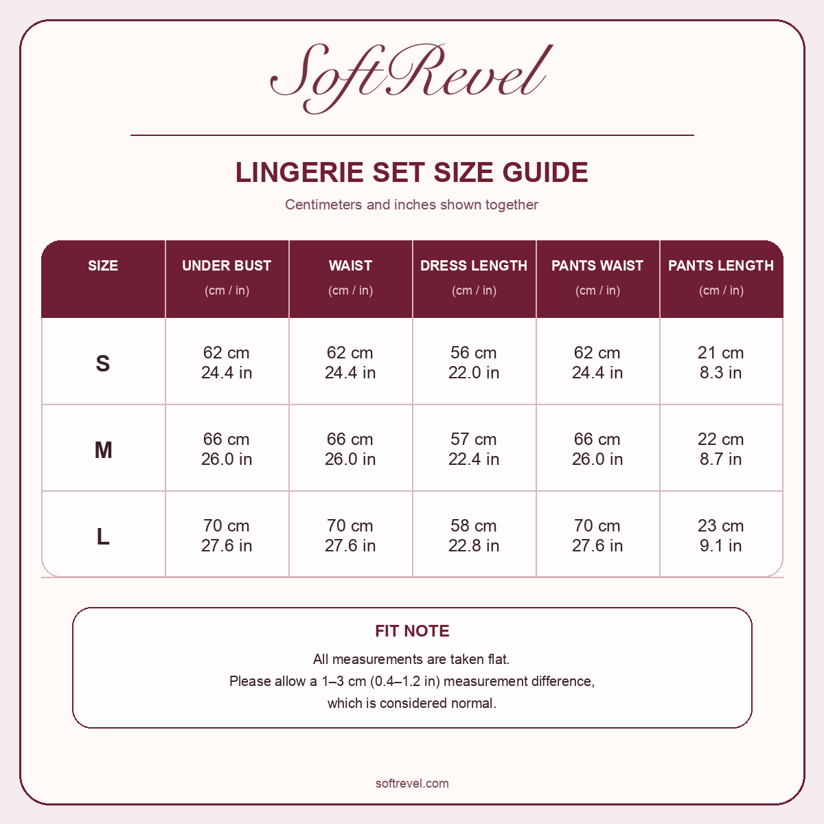 SoftRevel Size Guide — cm and in