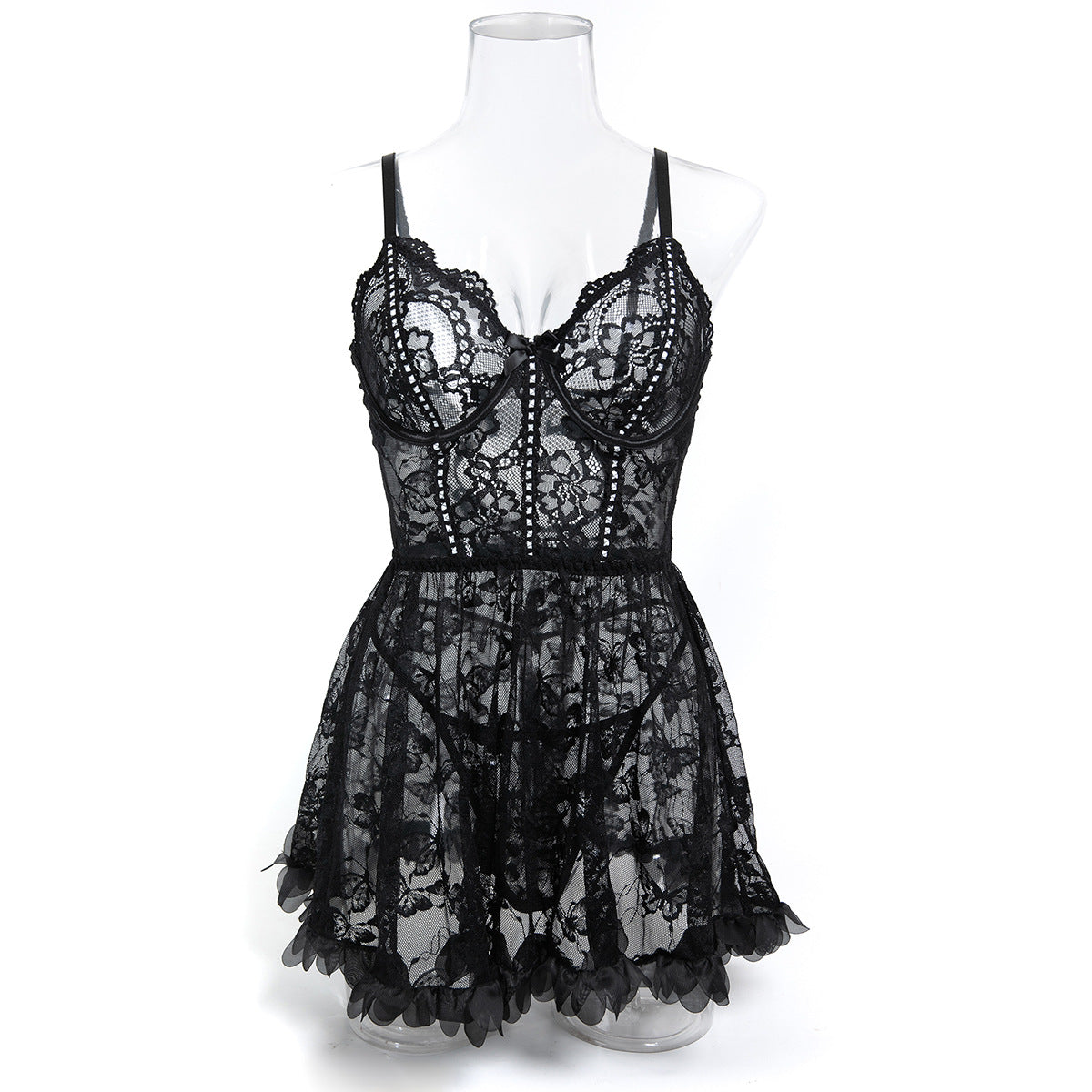 Black - Lace Sheer Mesh Lingerie Set
